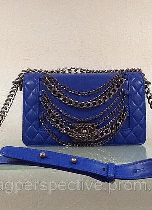 Сумка сумочка женская кожаная стеганая натуральная через плечо синяя