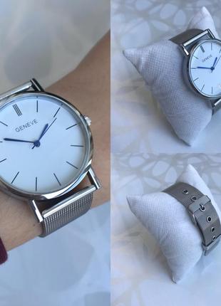 Наручные женские тонкие часы geneva с металлическим ремешком серебристые1 фото