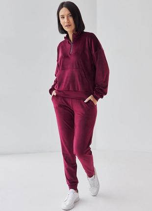 Жіночий повсякденний велюровий молодіжний костюм штани та кофта, колір бордовий 42-48