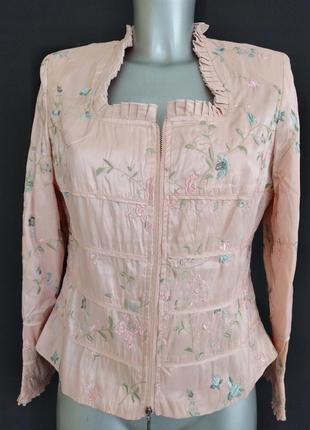 Пиджак, атласный жакет нежно розовый вышивка размер м