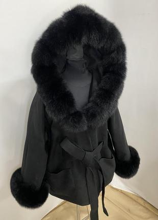 Женское пончо пальто с натуральным мехом песца, 42-56 размеры5 фото