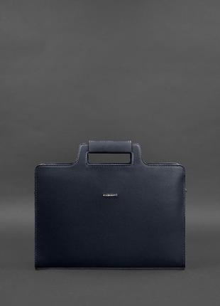Женская кожаная сумка для ноутбука и документов большая горизонтальная через плечо с ручками темно-синяя4 фото