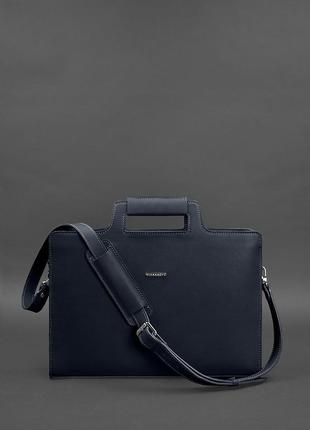 Женская кожаная сумка для ноутбука и документов большая горизонтальная через плечо с ручками темно-синяя2 фото