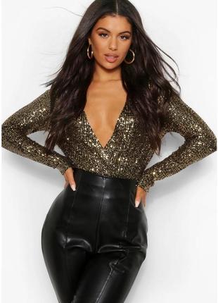 Боди с паетками, белое золото