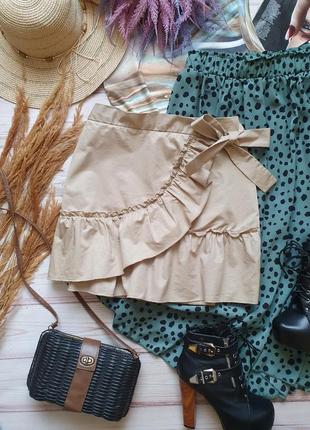 Натуральная коттоновая юбка имитация на запах с рюшами и поясом6 фото