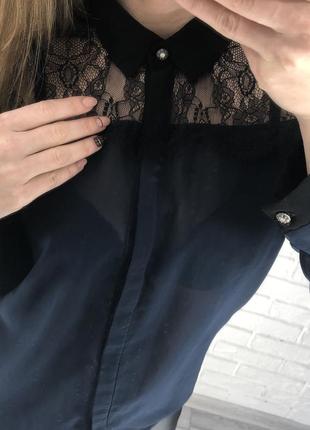 🔥шифоновая блуза темно-синего цвета с кружевным верхом🔥4 фото