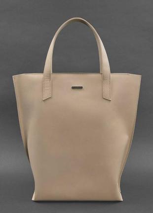 Кожаная женская сумка шоппер, шопер из натуральной кожи светло-бежевая