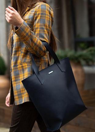Кожаная женская сумка шоппер, шопер из натуральной кожи темно-синяя8 фото