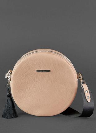 Женская кожаная круглая сумка через плечо кросс-боди из натуральной кожи светло-бежевая2 фото