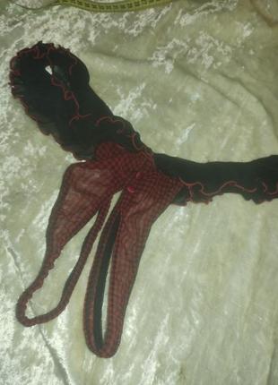 Оригінальні трусики стрінги в клітинку з рюшами з відкритим доступом