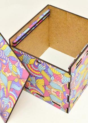 Дерев'яна коробка (в розібраному виді) кольорова подарункова коробочка 10х10 см для подарунки лдвп абстракція4 фото
