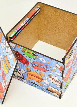 Дерев'яна коробка (в розібраному виді) кольорова подарункова коробочка 10х10 см для подарунки лдвп комікси4 фото