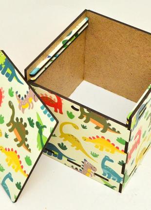 Дерев'яна коробка (в розібраному виді) кольорова подарункова коробочка 10х10 см для подарунки лдвп дінозаври4 фото