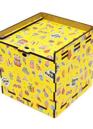 Кольорова подарункова дерев'яна коробка 10х10 см жовтий мікс привітальна коробочка для подарунок лдвп2 фото
