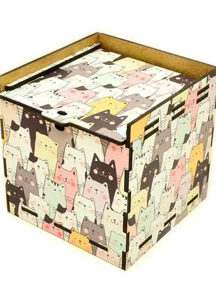 Кольорова подарункова дерев'яна коробка 10х10 см котики привітальна коробочка для подарунок лдвп2 фото