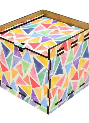 Кольорова подарункова дерев'яна коробка 10х10 см яскраві трикутники привітальна коробочка для подарунок лдвп1 фото