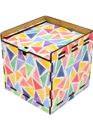 Кольорова подарункова дерев'яна коробка 10х10 см яскраві трикутники привітальна коробочка для подарунок лдвп2 фото