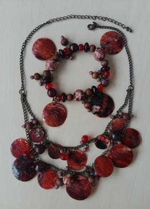 Комплект из красного перламутра ожерелье + браслет3 фото