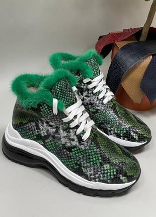 Дизайнерские зеленые кроссовки опцшка норка питон кожа натуральная2 фото