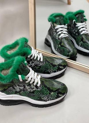 Дизайнерские зеленые кроссовки опцшка норка питон кожа натуральная1 фото