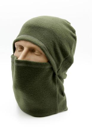 Теплая балаклава с тонкого флиса мужская зеленая военная камуфляжная, подшлемник хаки однотонная зимняя1 фото
