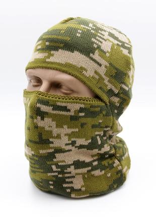 В'язана зимова балаклава світлий піксель військова зелена камуфляжна, чоловіча балаклава підшоломник піксель зелений