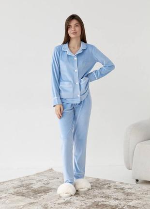 Голубой велюровый домашний костюм пижама