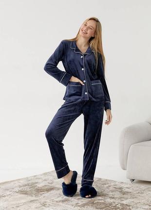 Велюровый домашний костюм пижама синий