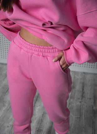 Женские зимние спортивные штаны оверсайз розовые | брюки джоггеры утепленные с начесом7 фото
