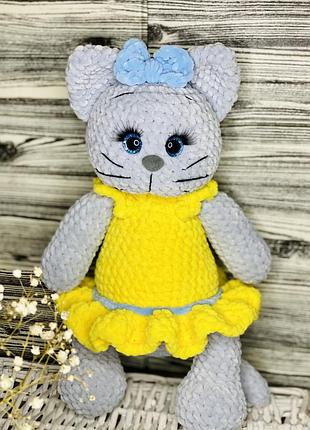 Игрушка ручной работы кошечка,  котёнок из плюша , именная игрушка с метрикой, вязаные игрушки