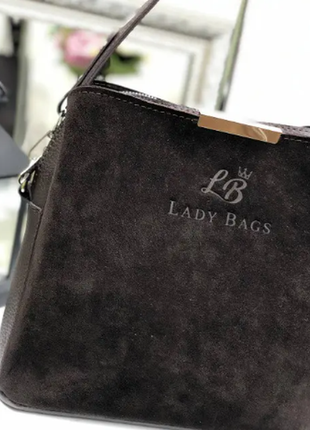 Коричнева (шоколад) — натуральний замш — сумка lady bags на три відділення з двома знімними ременями