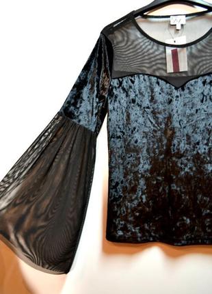 Роскошная черная блуза велюр с расклешенным рукавом2 фото
