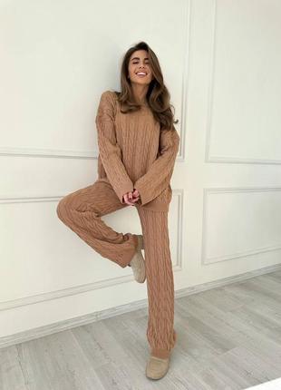 Теплый вязаный костюм, свитер удлиненный + штаны