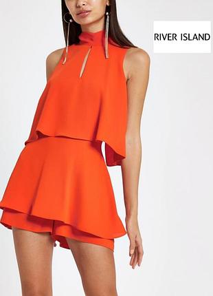 Ярко-оранжевый ромпер с имитацией юбки и многослойными оборками с высоким воротником river island