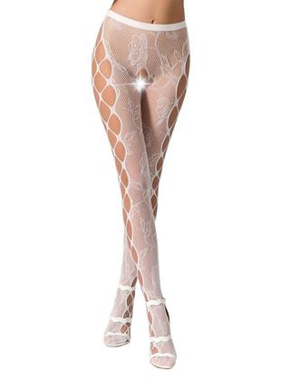 Колготки-бодистокинг,белые, ажурные колготки с вырезом и лампасами-сеткой,узор,цветки,