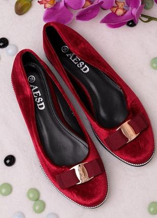 Бордові замшеві велюрові балетки з бантиком