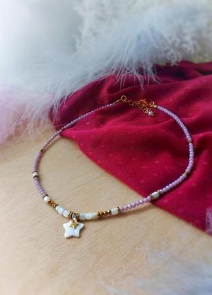 Чокер звезда перламутр натуральный гематит ракушки белый пудровый сиреневый золотой на шею влюбленным колье ожерелье короткое подарок девушке1 фото