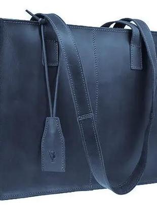 Шкіряна жіноча велика сумка-шопер, шопер із натуральної шкіри синя