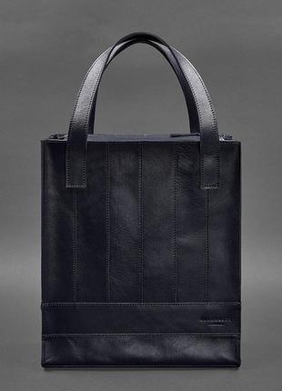 Кожаная женская сумка шоппер, шопер из натуральной кожи темно-синяя2 фото