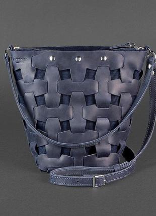 Женская кожаная плетеная сумка через плечо кросс-боди из натуральной кожи размер м синяя1 фото