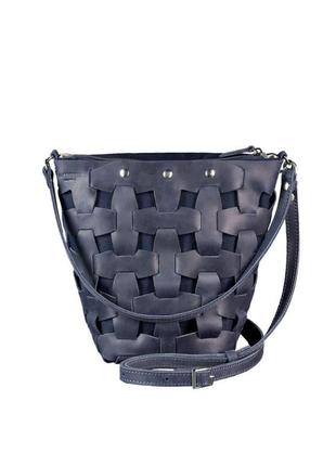 Женская кожаная плетеная сумка через плечо кросс-боди из натуральной кожи размер м синяя8 фото