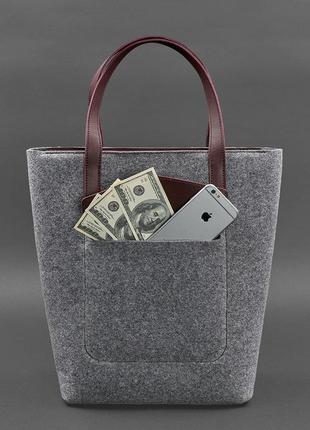 Фетровая женская сумка шоппер с кожаными бордовыми вставками, шопер из фетра и натуральной кожи4 фото