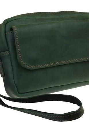 Женская маленькая кожаная сумка клатч барсетка через плечо или на руку из натуральной кожи зеленая