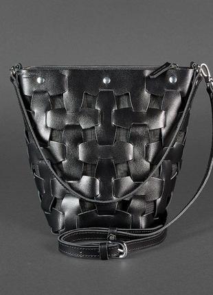 Женская кожаная плетеная сумка через плечо кросс-боди из натуральной кожи размер м угольно-черная1 фото
