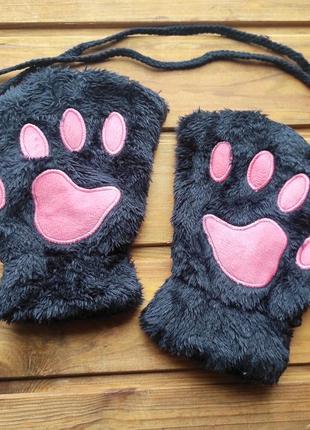 Рукавички перчатки котячі лапки, рукавиці мітенки без пальців лапи кішки, котячі сліди