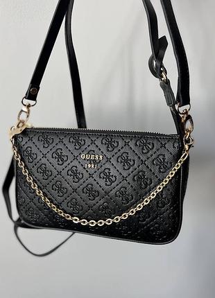 Жіноча чорна сумка з ремне через плече та ланцюжком guess🆕 невеличка сумка