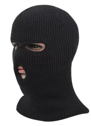 Балаклава маска бандитка 2 в 1 (военная, зимняя, 3 отверстия) черная, унисекс reis one size