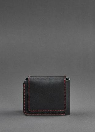 Женский кожаный маленький кошелек портмоне с монетницей из натуральной кожи черный с красной нитью2 фото