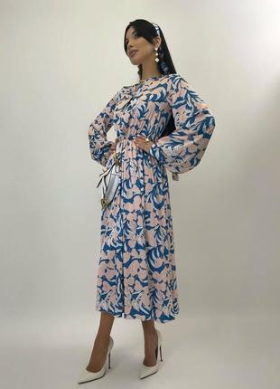 Накладний платіж ❤ святкова шовк сукня міді на ґудзиках з рукавами ліхтариками в квітковий принт