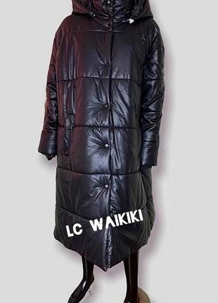 Куртка пуховик длинное пальто * кожаное* эко кожа с капюшоном1 фото